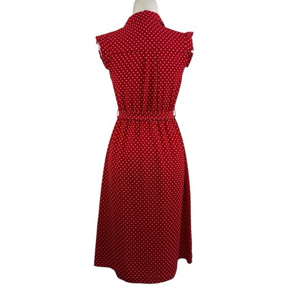 Retro Romance Polka Dot Red White Monteau Dress Small Pockets Belted Tradwife - Picture 6 of 12